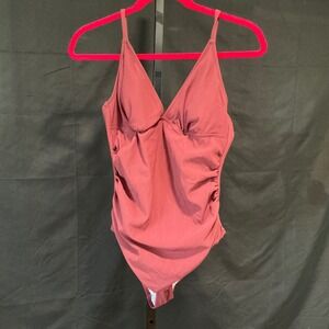 Cupshe One Piece Swimsuit Large Mauve Ribbed Ruched V-Neck Cutout Bow Back NEW